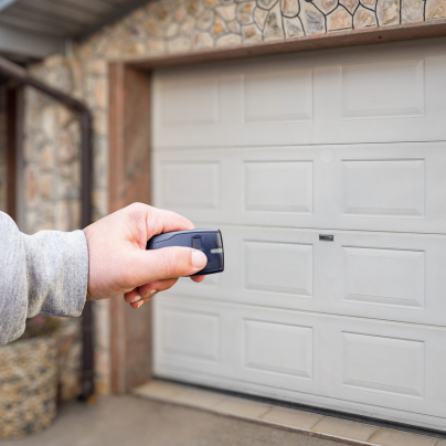 Flint security key fob pointing to a garage door