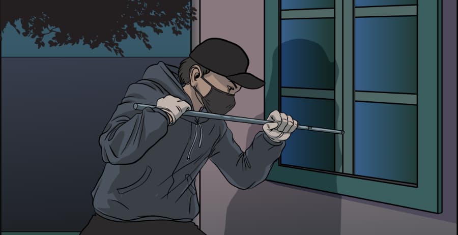 Illustration of burglar forcing entry through a window in Flint